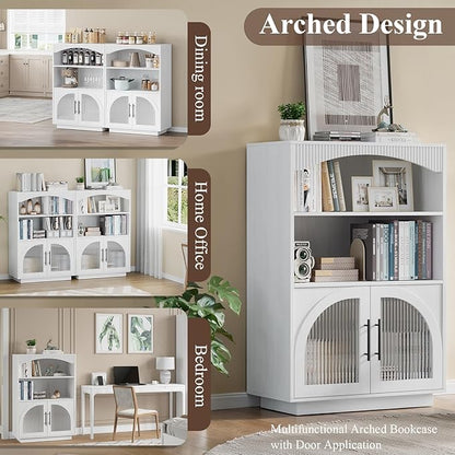 46" Bookshelf with Doors, White Bookcase with Glass Door, 3 Tier Small Bookshelf w/Deep Storage Cabinet and Adjustable Shelves, Wood Standing Mid Century Book Shelf for Home Office Kitchen