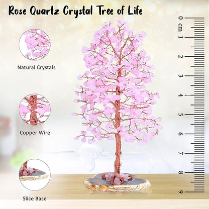 "Rose Quartz Gemstone Tree of LifeNatural Reiki Crystals Gemstone Chakra Tree for Positive Energy, Geode Agate Slice Base, Feng Shui Decor, Good Luck Money Bonsai, Healing Stones, Spiritual Gift"