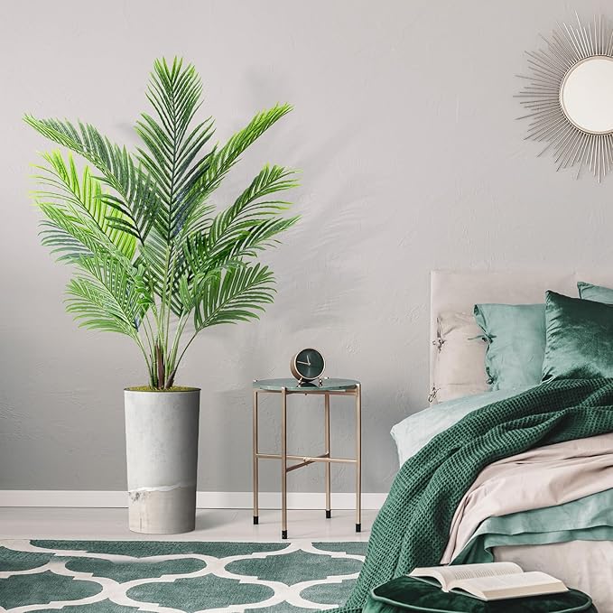 Artificial Tree in Gray Tan Watercolor Abstract Planter, Fake Areca Tropical Palm Silk Tree for Indoor and Outdoor Home Decoration - 66" Overall Tall (Plant Pot Plus Tree)