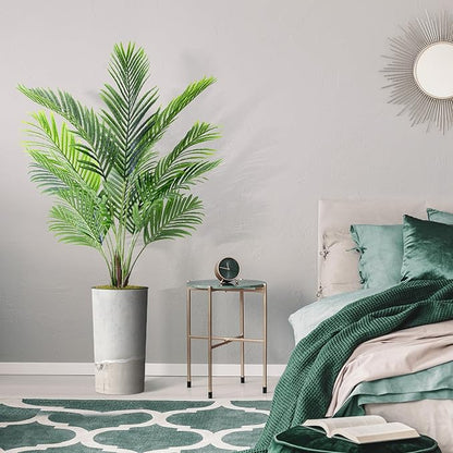 Artificial Tree in Gray Tan Watercolor Abstract Planter, Fake Areca Tropical Palm Silk Tree for Indoor and Outdoor Home Decoration - 66" Overall Tall (Plant Pot Plus Tree)