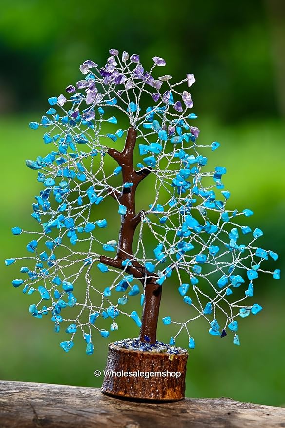 Turquoise & Amethyst Artificial Gemstone Tree with Silver Wire – Handcrafted Decorative Bonsai for Positive Energy & Home Décor