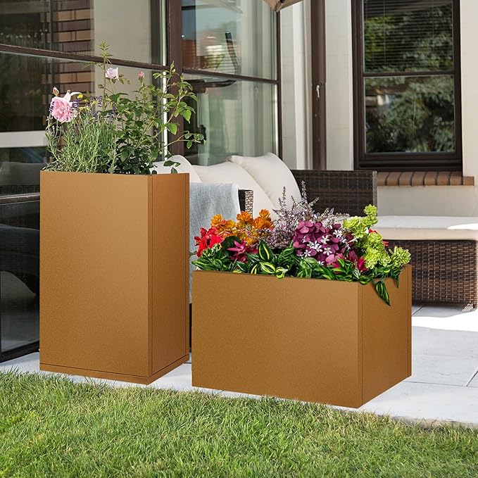 Corten Steel Planter Box 32"x16"x16", Rustic Metal Planter with Partitions & Drainage Holes, Frost Rust Resistant Heavy Duty Planter for Patio Garden Indoor Outdoor Commercial Decor