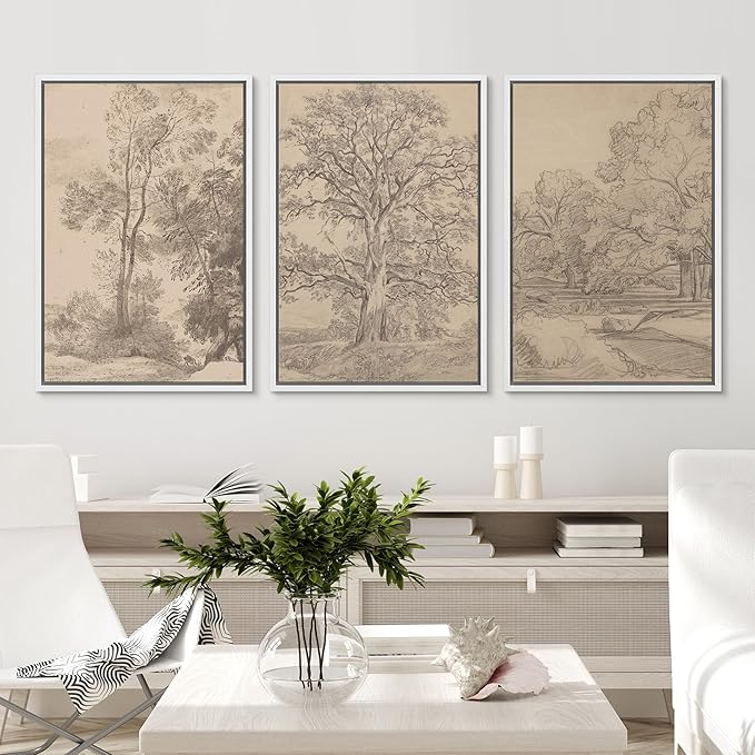 Ashbrook Framed Canvas Print Wall Art Set Retro Vintage Sketchbook Forest Country Landscape Farmhouse Decor Nature Wilderness Illustrations Floral Botanical Retro for Bedroom - 16"x24"x3 WHITE