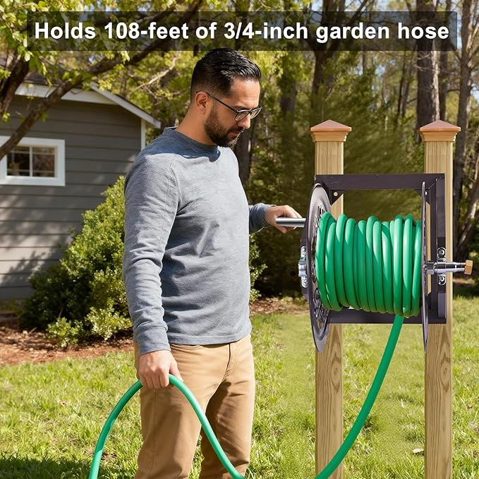Garden Hose Reel Decorative Cast Wall/Floor/Wood Studs Mount Hose Reel, Garden Heavy-Duty Water Hose Holder Winder Holds 108-Feet of 3/4-Inch Hose - Bronze