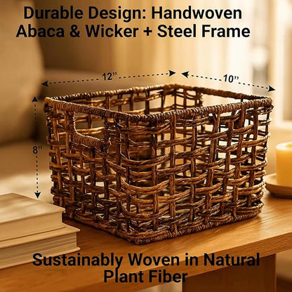 Handwoven Abaca Wicker Basket Set of 3 – 12x10x8 Open Weave Storage Baskets, Natural Woven Bins for Pantry, Bookshelf & Closet Organization, Sustainable Decorative Rattan Design