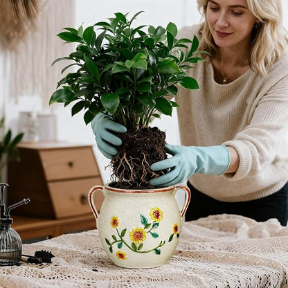 BUYMAX 6 Inch Vintage Ceramic Flower Pot with Relief Design & Handles, Indoor Plant Planter with Drainage Hole, Home Garden Decor for Living Room, Gift Ideas