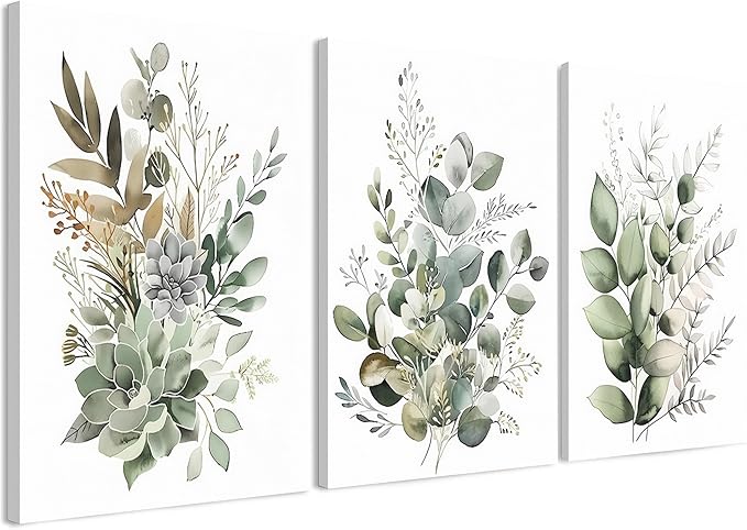 FYLDPSB 3 PCS Unframed Watercolor Floral Canvas Wall Art, Boho Sage Green Wildflower Wall Decor, Modern Flowers and plants Painting Print for Bedroom Living Room Bathroom Decorations 12''L x 16''W