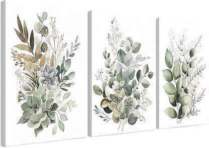 FYLDPSB 3 PCS Unframed Watercolor Floral Canvas Wall Art, Boho Sage Green Wildflower Wall Decor, Modern Flowers and plants Painting Print for Bedroom Living Room Bathroom Decorations 12''L x 16''W