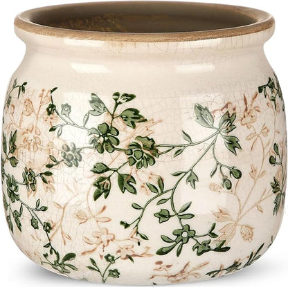 7.7" Large Ceramic Plant Pot Beige Green Jasmine Vine Crackle Glaze Rustic Flowers Pot Decorative Planter with Drainage for Indoor Outdoor Plants Home Kitchen Office Decor Gift