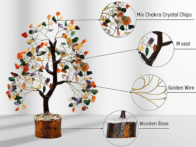 Multi Gemstone Natural Healing Premium Crystal Bonsai Feng Shui Fortune Money Tree of Life for Home Office Decor (Gift Box Ready,10-12 Inch)