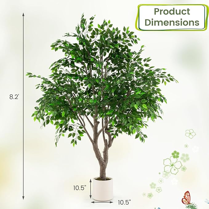 Goplus 8.2 FT Tall Artificial Ficus Tree, Large Faux Greenery Tree w/Leaves, Cement-Filled Pot, Realistic Trunk & Moss, Indoor Outdoor Fake Tropical Tree for Home, Office, Porch, Living Room