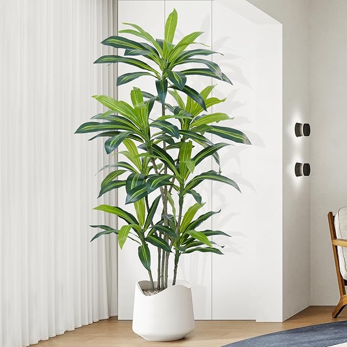 6Ft Dracaena Plant Artificial Tree Fake Tropical Floor Plants Potted (Real Touch) Artificial Silk Tree Leaf Faux Trees Black Tall Planter for Home Office Living Room Indoor Outdoor Decor（1Pack）