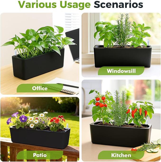 2 Pack Rectangular Self Watering Planter 15.6 x 5.4 in Window Sill Planters Indoor Rectangle Planter Self Watering Pots Plastic Plant pots with Drainage Holes Black Flower Pot (Black)