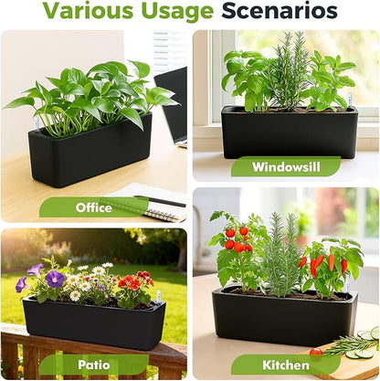 2 Pack Rectangular Self Watering Planter 15.6 x 5.4 in Window Sill Planters Indoor Rectangle Planter Self Watering Pots Plastic Plant pots with Drainage Holes Black Flower Pot (Black)