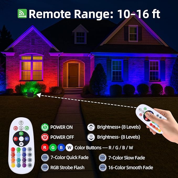 WeDo RGB LED Flood Light 150W Equivalent – 60W Plug-in Outdoor Color-Changing Spotlight with Remote, 4 Modes, 8-Level Dimming, IP65 Waterproof for Garden, Landscape, Wall Wash