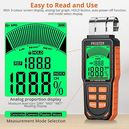 Proster Rechargeable Moisture Meter - Wall Moisture Meter with 5 Modes (Index, Concrete, Cement, Plaster, Wood) & 3-Colour Screen, Pinless Damp Tester with Visual & Sound Alerts Detects up to 40mm