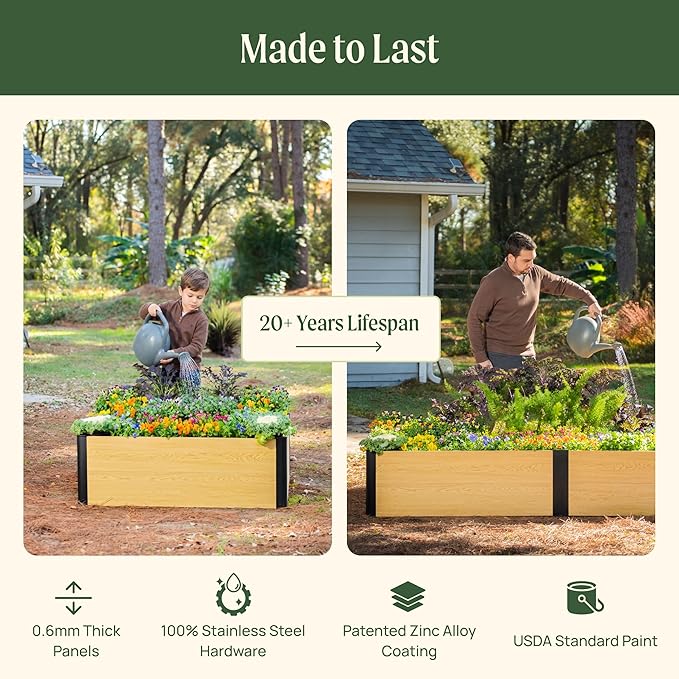 Vego garden Woodgrain Series Raised Garden Bed, 16" Tall Wooden-Look 8' x 8' L-Shaped Metal Planter Box Outdoor for Vegetables, Flowers, Herbs