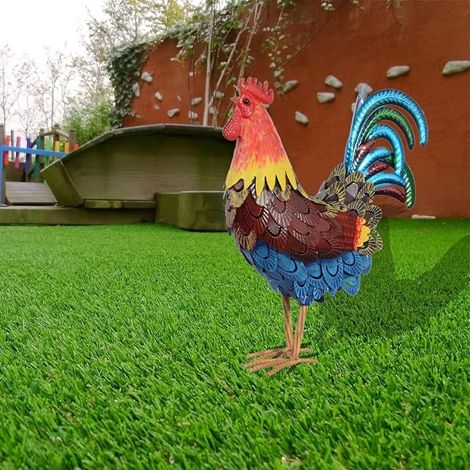 Metal Rooster Statues, Garden Chicken Decorations, Outdoor Chicken Sculptures, Metal Yard Rooster Artwork for Yard Farm Patio Lawn Porch Kitchen Decoration (Brown-Blue)