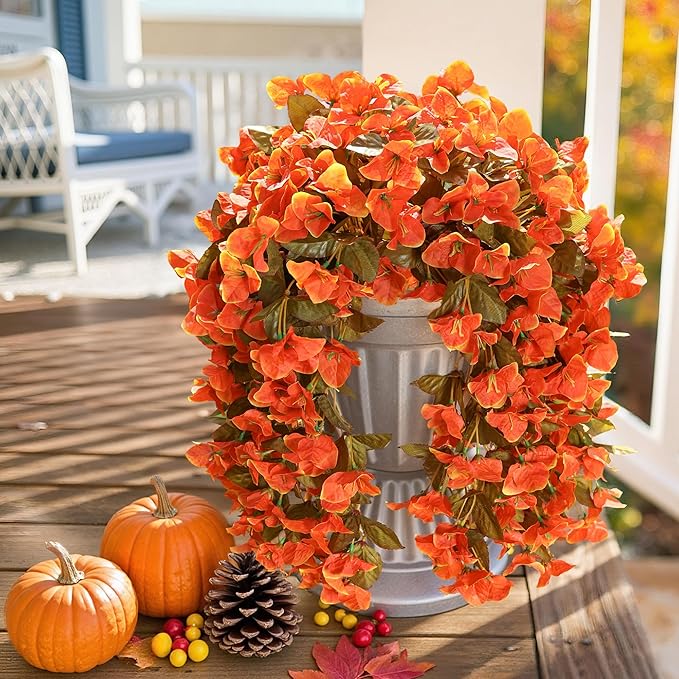 HyeFlora Bougainvillea Artificial Hanging Flowers Plants for Outdoors Winter Decoration, 2pcs Faux Bougainvillea Vines Orange Fake Flowers Realistic UV Resistant Silk Flowers for Outside Planter Yard