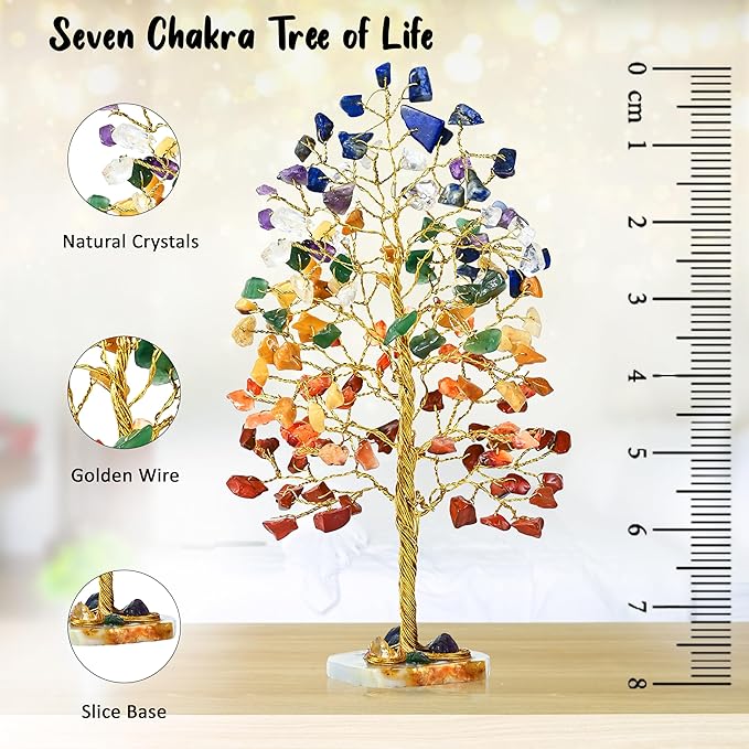 7 Chakra Tree of Life - Geode Agate Slice Base, Crystal Tree for Positive Energy, Feng Shui Decor - Gemstone Tree, Good Luck Money Bonsai, Healing Stones, Seven Chakra Tree, Spiritual Mystical Gift
