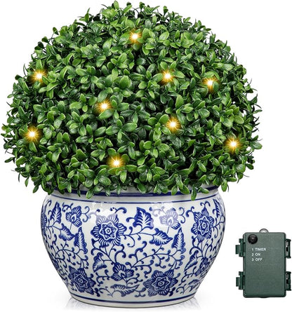 DILATATA Artificial Topiary Boxwood Ball in Blue and White Ceramic Pot, Lighted Artificial Boxwood in Planters 13 Inch Decorative Fake Greenery for Table Centerpiece Indoor Plant Home Decor - Large