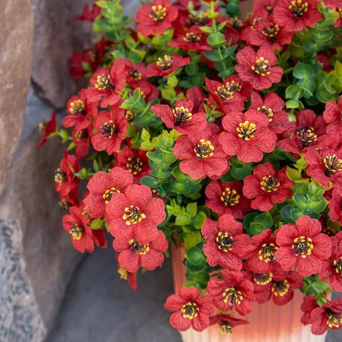 Artificial Flowers for Outdoors UV Resistant, 12 Bundles Realistic Silk Flower Faux Fake Plants for Porch Patio Yard Planters, Spring Summer Home Garden Decor, Red