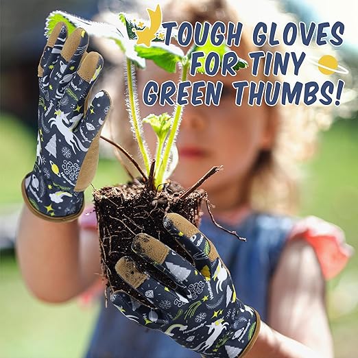 HANDLANDY Kids Genuine Leather Gardening Gloves for ages 3-11, Children Toddler Work Outdoor Playing Gloves for Boys Girls Gift (Medium (for age 5-7), Blue)