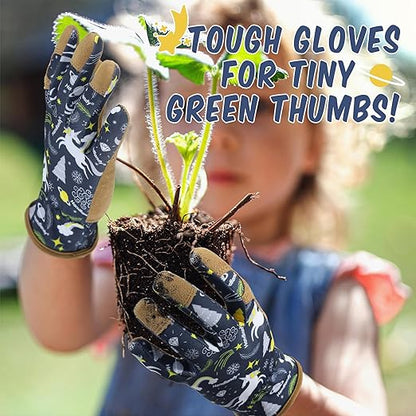HANDLANDY 2 Pairs Kids Genuine Leather Gardening Gloves for ages 3-11, Children Toddler Work Outdoor Playing Gloves for Boys Girls Gift (Medium (for age 5-7), Blue)