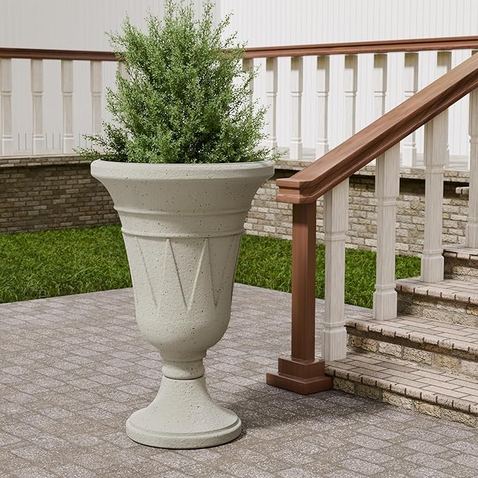 FONTOI 23" Tall Plastic Urn Planter (2-Pack) – Planters for Outdoor Plants with Drainage Holes & Trophy Design, Heavy-Duty Classic Indoor Large Flower Pots for Home Garden, Front Porch & Decor, White