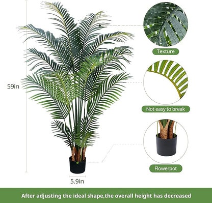 Artificial Tropical Palm Plant - 5 Ft Artificial Tree with Plastic Pot for Office and Home Decor, Tall Faux Plants for Indoors and Outdoors, Artificial Silk Palm Housewarming Gift,K150