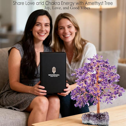 Gemstone Crystal Tree of Life - Natural Amethyst Geode Cluster Base, Chakra Healing Crystals, Positive Energy Bonsai Money Feng Shui Home Decor for Good Luck Gift, 10"-12"