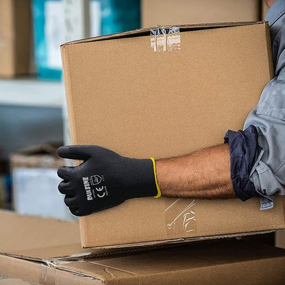Ultra-Thin PU Coated Work Gloves-12 Pairs,Excellent Grip,Nylon Shell Black Polyurethane Coated Safety Work Gloves, Knit Wrist Cuff,Ideal for Light Duty Work. (Large)