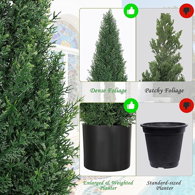 Artificial Cedar Trees for Outdoors 6 ft Faux Cypress Topiary - Tall and Large, Heavy Duty, UV Resistant and Realistic Fake Pine Shrubs Bushes for Patio Yard Balcony Garden, Set of 2