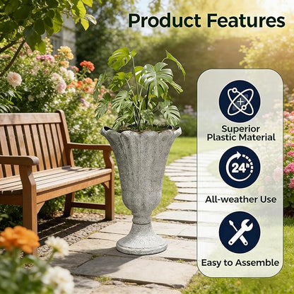 23.6" Tall Plastic Urn Planters for Outdoor Plants with Drainage Holes & Petal Design, Set of 2 Heavy-Duty Classic Indoor Large Flower Pots, Outdoor Planters for Porch/Home/Garden, Gray