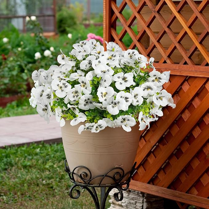 12 Bundles Artificial Flowers for Outdoor, UV Resistant Fake Pansy Flowers, Silk Faux Fowers for Outdoor Planters Home Garden Office Patio Front (12, White)