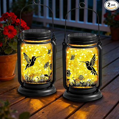 2 Pack Hummingbird Solar Lantern Outdoor Garden Decor,Birthday Gifts for Women Mom Grandma, Waterproof Hanging Vintage Glass Mason Jar Outside for Yard,Patio, Backyard,Porch,Tree, Pathway