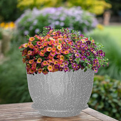 12/10/9 Inch Planter Pots, 3-Pack Large Flower Pots for Indoor Outdoor Garden Plants, Big Plant Pots with Multi Mesh Drainage Holes and Saucer (Speckled Grey, 12"+10"+9")
