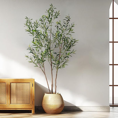 6FT Artificial Olive Tree Tall Faux Silk Plant Tall Faux Olive Tree with Natural Wood Trunk & Lifelike Fruits Fake Potted Tree or Home Office Decor
