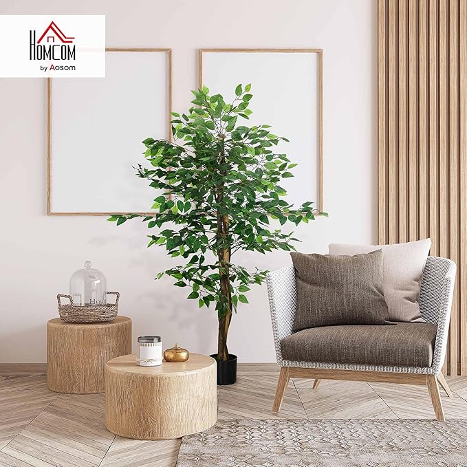 HOMCOM 5ft Artificial Ficus with Pot, Indoor Fake Plant for Home Office Living Room Décor