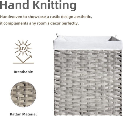 Woven Rattan Laundry Hamper with Lid & Handles,130L Foldable Laundry Basket Includes Machine Washable Removable Liner with 2 Compartments for Storage Basket for Bedroom, Bathroom (Gray)