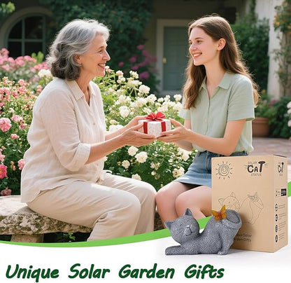 Solar Garden Statue with Glowing Butterfly, Outdoor Resin Cute Figurine with Solar Light, Waterproof Yard Decor for Patio, Lawn, Porch, and Unique Garden Gifts for Lovers (solar cat statue gray)