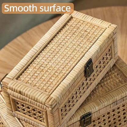 Rattan Box, Boho Decorative Boxes with Lids, Set of 2 Rectangular Wicker Storage Basket, Natural Woven Cane Bins for Home Decor (Rectangular)