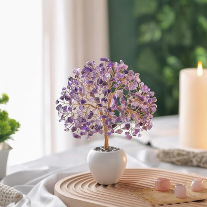 Amethyst Stone Chakra Crystal Tree Money Tree Feng Shui Gemstone Tree of Life with Pot Base, Good Luck Trees Christmas Home Office Desk Crystal Decor Ornament Stress Relief, Spiritual Insight