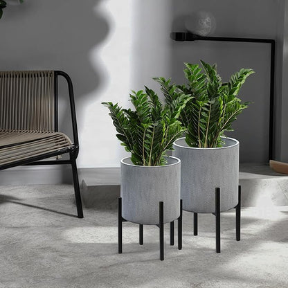 ARNIS Modern Plant Pots, Set of 2 Large Planters with Stand, Decorative Planters, Metal Pots with Drainage Holes for Living Room, Office, Garden or Balcony, 8.25 &10.5 Inch, Dark Cement Matte
