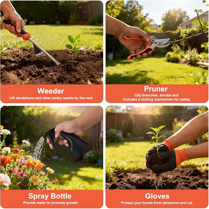 Yesker Gardening Tools 9-Piece Heavy Duty Garden Tool Set Gardening Supplies Gifts for Women Men Gardening Hand Tool Kit w Non-Slip Ergonomic Handle, Garden Bag, Durable Gloves, Spray Bottle, Orange