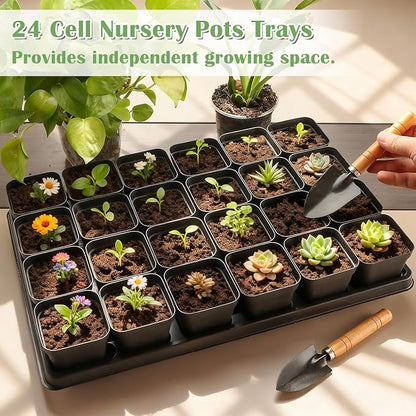 5 Pack 24 Cell Nursery Pots Trays with 2.8 inch (7CM) Square Nursery Pots 120pcs (Black), Plastic Seed Starter Tray with Drain Holes for Carrying and Holding Plant Pot(17"x11"x1.6")