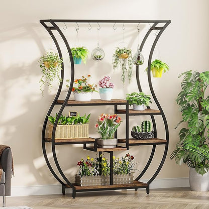 Tribesigns 6-Tier Plant Stand, 70.9 Inch Tall Plant Shelf with 10 Hanging Hooks, Vase Shape Ladder Plant Stand, Multi-Purpose Plant Display Rack for Indoor, Balcony, Living Room, Brown and Black