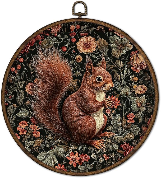 cvjutf Vintage Squirrel Wall Art Decor Framed, Dark Cottagecore Fall Squirrel Round Wall Decor, Rustic Farmhouse Squirrels Animal Canvas Prints Art for Cabin Bathroom Living Room, 10x10 Inch