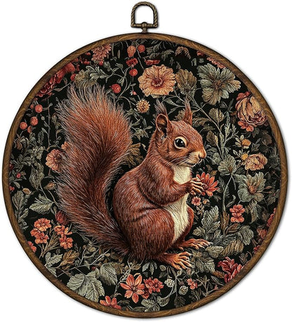 cvjutf Vintage Squirrel Wall Art Decor Framed, Dark Cottagecore Fall Squirrel Round Wall Decor, Rustic Farmhouse Squirrels Animal Canvas Prints Art for Cabin Bathroom Living Room, 10x10 Inch