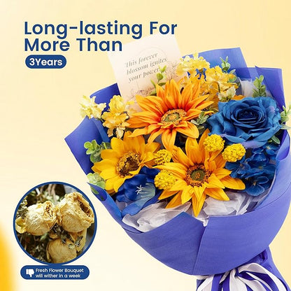 TINGE TIME Aritifical Flowers Bouquet, Sunflower&RoyalBlue Roses Gift Bouquet, Birthday Gifts for Women, Eternal Roses Bouquet for Grandma Wife Anniversary Graduation